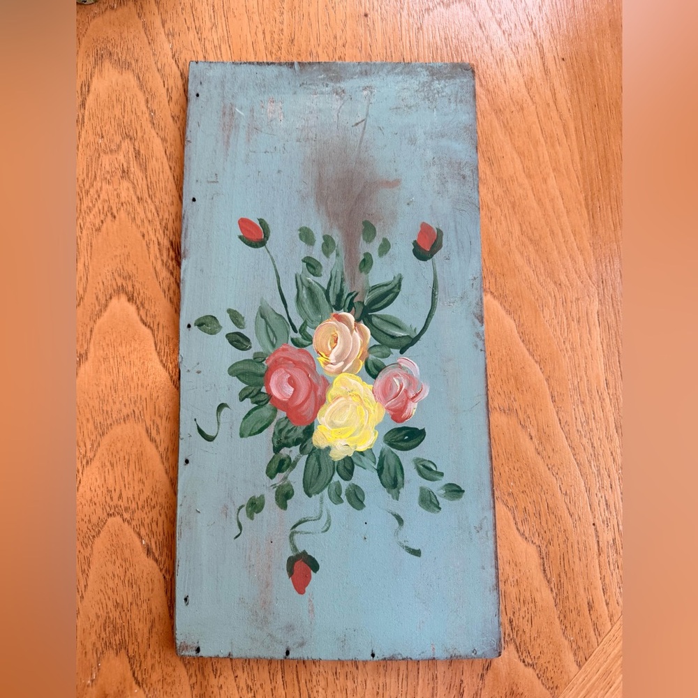 Vintage shabby chic, original floral painting on wood